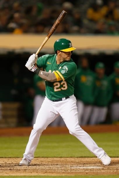 Yan Gomes of the Oakland Athletics at bat against the Texas Rangers at RingCentral Coliseum on August 06, 2021 in Oakland, California.