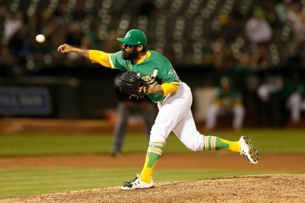 Sergio Romo of the Oakland Athletics pitches against the Texas Rangers at RingCentral Coliseum on August 06, 2021 in Oakland, California.