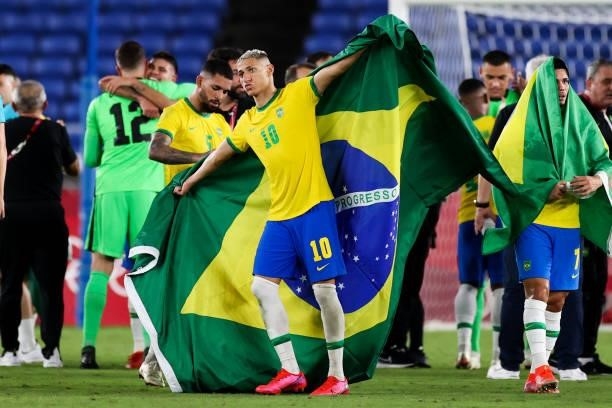 Richarlison of Team Brazil celebrates the victory after the Men's Gold Medal Match between Team Brazil and Team Spain on day fifteen of the Tokyo...