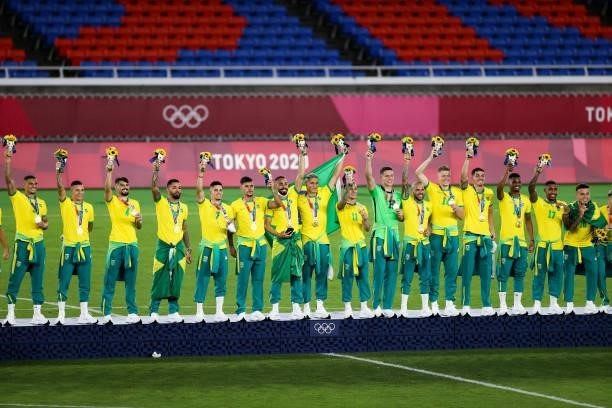 Players of Team Brazil attend the award ceremony of the Men's Gold Medal Match between Team Brazil and Team Spain on day fifteen of the Tokyo 2020...