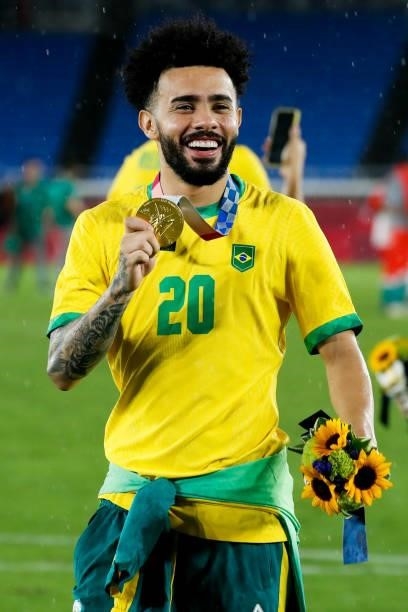 Claudinho of Brazil celebrates after the award ceremony of the Men's Gold Medal Match between Brazil and Spain on day fifteen of the Tokyo 2020...
