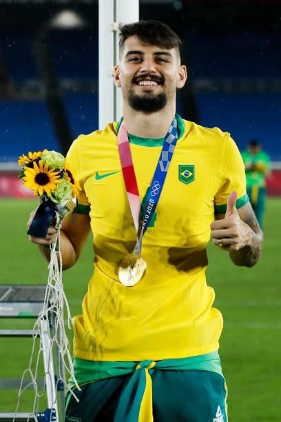 Ricardo Graca of Brazil celebrates after the award ceremony of the Men's Gold Medal Match between Brazil and Spain on day fifteen of the Tokyo 2020...