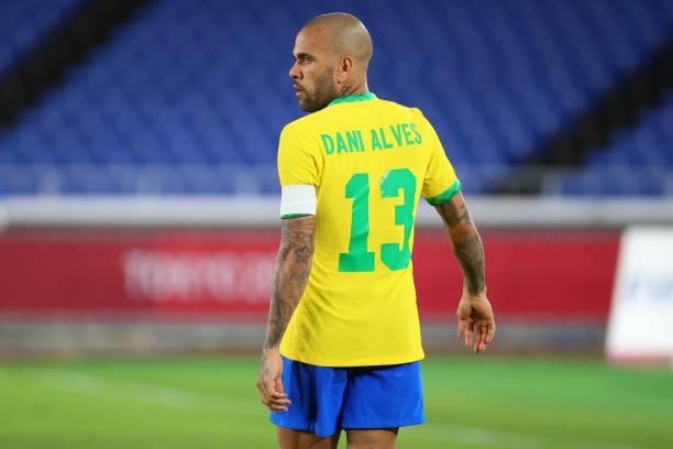 Dani Alves of Team Brazil looks on in the second half during the men's gold medal match between Team Brazil and Team Spain at International Stadium...