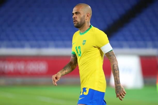 Dani Alves of Team Brazil looks on in the second half during the men's gold medal match between Team Brazil and Team Spain at International Stadium...
