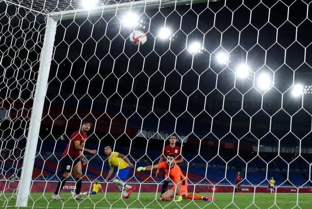 Richarlison of Brazil shots during the Men's Gold Medal Match between Brazil and Spain on day fifteen of the Tokyo 2020 Olympic Games at...