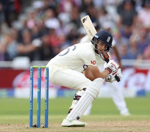 Joe Root of England avoids a high ball during day three of the First LV= Insurance test match between England and India at Trent Bridge on August 05,...
