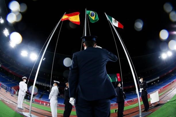 National flag of Brazil, Spain, Mexico is seen during the award ceremony of the Men's Gold Medal Match between Brazil and Spain on day fifteen of the...