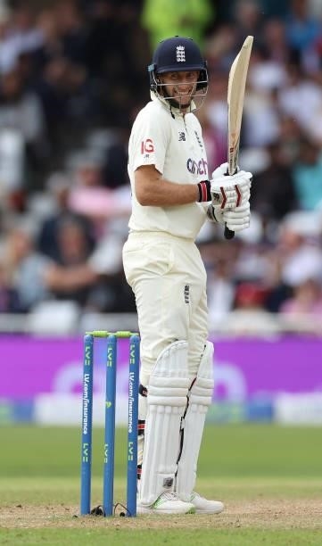 Joe Root of England smiles during day four of the First LV= Insurance test match between England and India at Trent Bridge on August 07, 2021 in...
