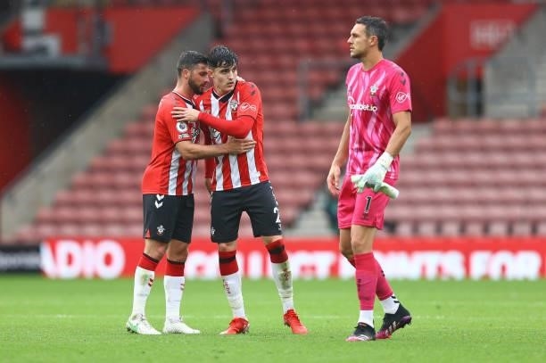 To R Shane Long, Tino Livramento and Alex McCarthy of Southampton during the pre season friendly match between Southampton FC and Athletic Club at St...