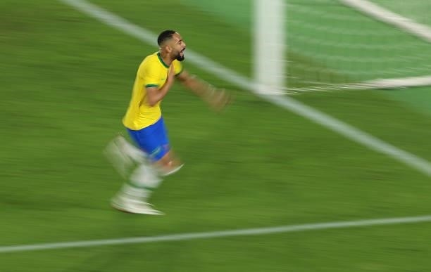 Matheus Cunha of Team Brazil celebrates after scoring their side's first goal during the Men's Gold Medal Match between Brazil and Spain on day...