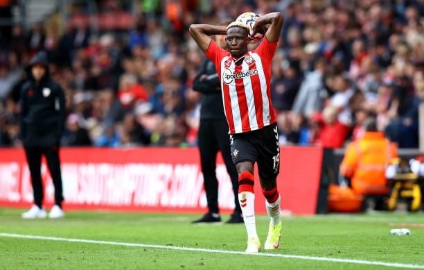 Moussa Djenepo of takes a throw in during the pre season friendly match between Southampton FC and Athletic Club at St Mary's Stadium on August 07,...