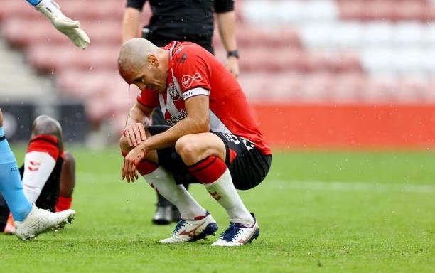 Oriol Romeu of Southampton with a head injury during the pre season friendly match between Southampton FC and Athletic Club at St Mary's Stadium on...