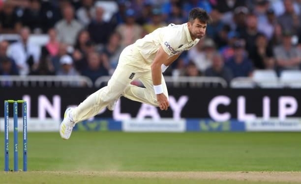 England bowler James Anderson in bowling action during day four of the First Test Match between England nd India at Trent Bridge on August 07, 2021...