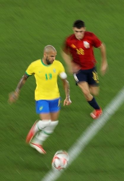 Dani Alves of Team Brazil in action during the Men's Gold Medal Match between Brazil and Spain on day fifteen of the Tokyo 2020 Olympic Games at...