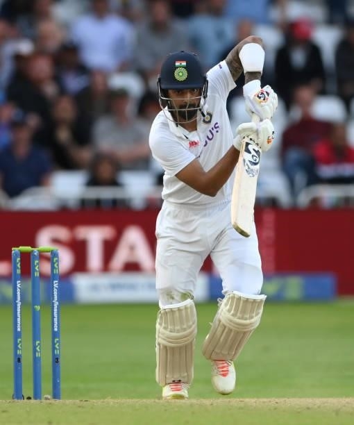 India batsman KL Rahul in batting action during day four of the First Test Match between England nd India at Trent Bridge on August 07, 2021 in...
