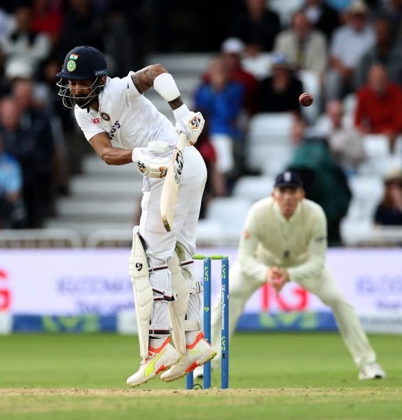 Kannaur Rahul of India hits out during day four of the First LV= Insurance test match between England and India at Trent Bridge on August 07, 2021 in...