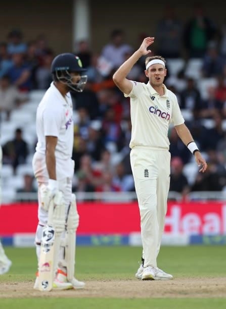 Stuart Broad of England reacts during day four of the First LV= Insurance test match between England and India at Trent Bridge on August 07, 2021 in...