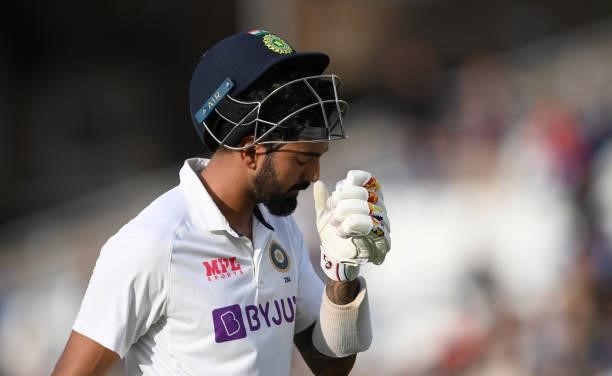 India batsman KL Rahul leaves the field after being dismissed during day four of the First Test Match between England nd India at Trent Bridge on...