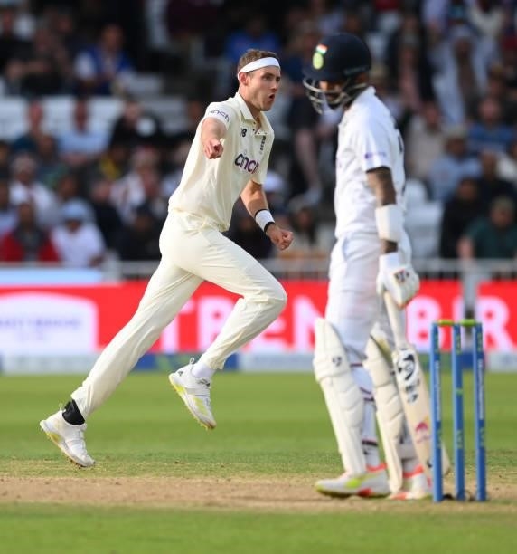 England bowler Stuart Broad celebrates after taking the wicket of KL Rahul during day four of the First Test Match between England nd India at Trent...