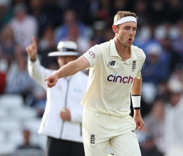 Stuart Broad of England celebrates taking the wicket of Kannaur Rahul of India during day four of the First LV= Insurance test match between England...