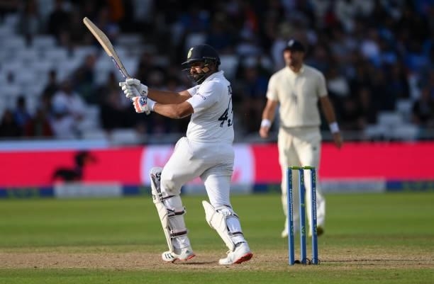 India batsman Rohit Sharma in batting action during day four of the First Test Match between England nd India at Trent Bridge on August 07, 2021 in...