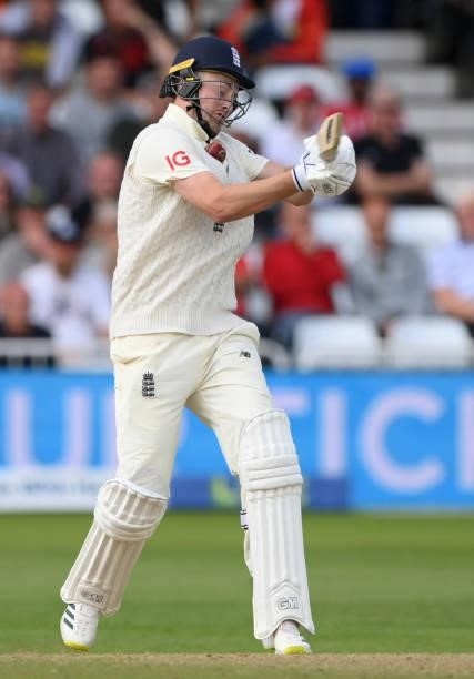 England batsman Ollie Robinson is hit by a ball from Mohammed Shami during day four of the First Test Match between England nd India at Trent Bridge...