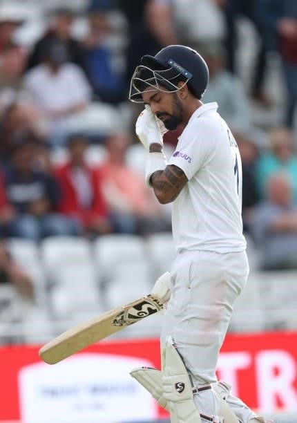 Kannaur Rahul of India walks off after being dismissed by Stuart Broad of England during day four of the First LV= Insurance test match between...