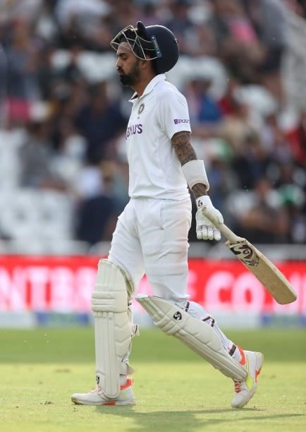 Kannaur Rahul of India walks off after being dismissed by Stuart Broad of England during day four of the First LV= Insurance test match between...