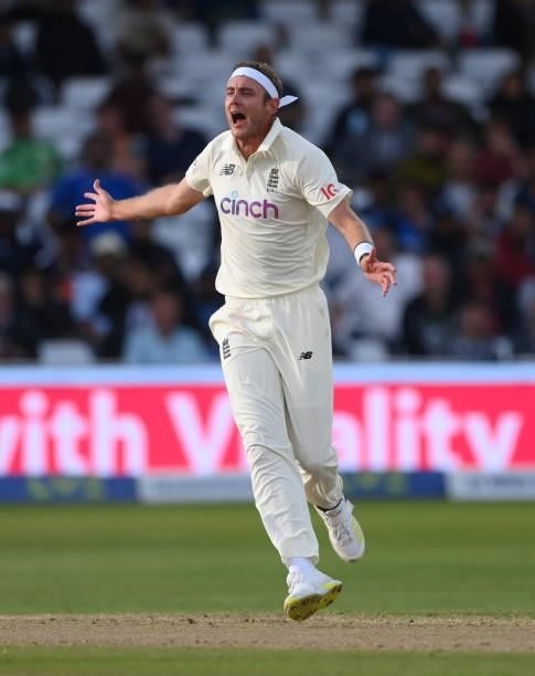 England bowler Stuart Broad reacts during day four of the First Test Match between England nd India at Trent Bridge on August 07, 2021 in Nottingham,...