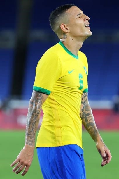 Guilherme Arana of Team Brazil reacts after missing a shot at goal in the first period of extra time during the men's gold medal match between Team...