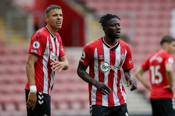 Jan Bednarek with Mohammed Salisu of Southampton during a pre-season friendly between Southampton FC and Athletic Bilbao at St Mary's Stadium on...