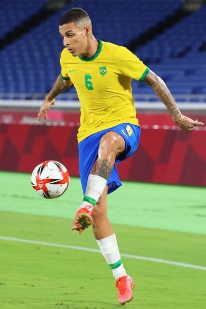 Guilherme Arana of Team Brazil controls the ball in the first period of extra time during the men's gold medal match between Team Brazil and Team...