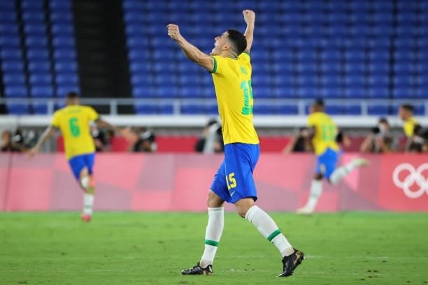 Nino of Team Brazil celebrates the goal by Malcolm to take a 2-1 lead in the second period of extra time during the men's gold medal match between...