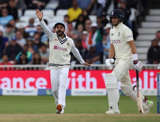 Captain Virat Kohli of India appeals for the wicket of captain Joe Root of England during day four of the First LV= Insurance test match between...