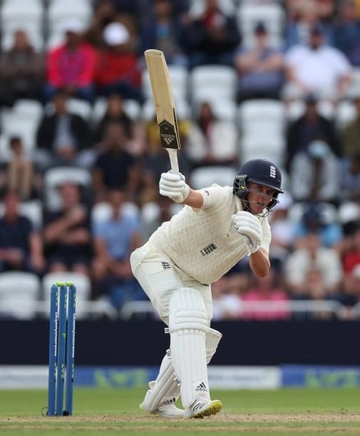 Sam Curran of England hits out during day four of the First LV= Insurance test match between England and India at Trent Bridge on August 07, 2021 in...