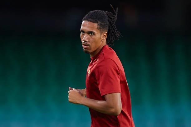 Chris Smalling of AS Roma looks on prior to a friendly match between Real Betis and AS Roma at Estadio Benito Villamarin on August 07, 2021 in...