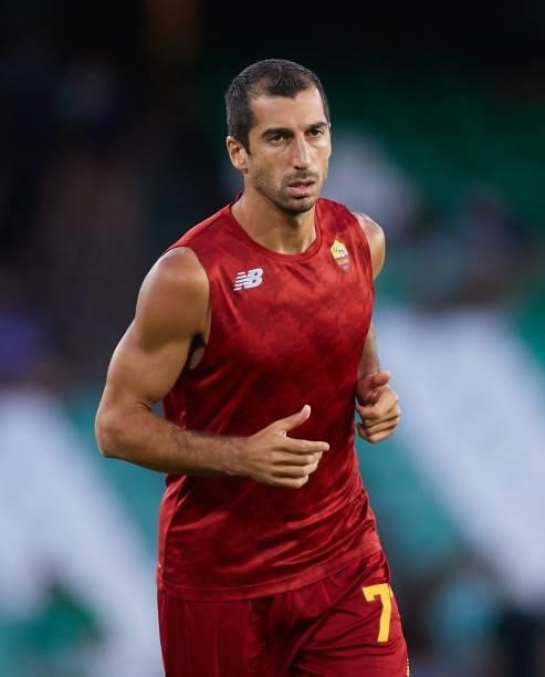 Henrikh Mkhitaryan of AS Roma looks on prior to a friendly match between Real Betis and AS Roma at Estadio Benito Villamarin on August 07, 2021 in...