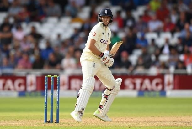 Joe Root of England looks back as he is caught during the fourth day of the 1st LV= Test match between England and India at Trent Bridge on August...