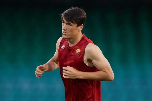 Eldor Shomurodov of AS Roma looks on prior to a friendly match between Real Betis and AS Roma at Estadio Benito Villamarin on August 07, 2021 in...