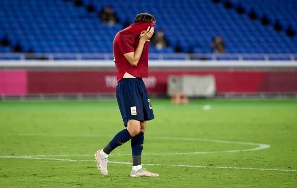 Juan Miranda of Team Spain show his dejection after the Men's Gold Medal Match between Team Brazil and Team Spain on day fifteen of the Tokyo 2020...