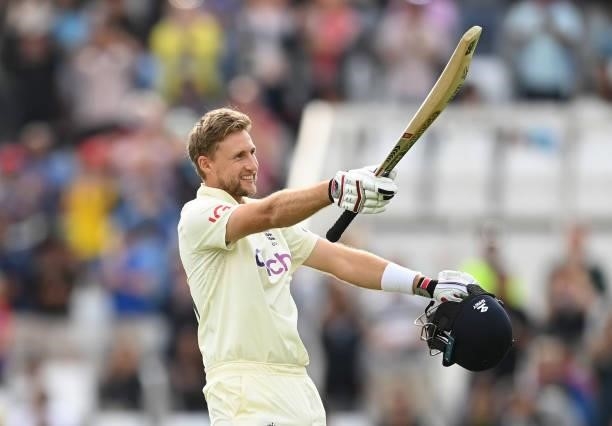 Joe Root of England celebrates reaching his century during the fourth day of the 1st LV= Test match between England and India at Trent Bridge on...