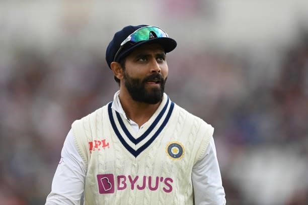 Ravindra Jadeja of India looks on during the fourth day of the 1st LV= Test match between England and India at Trent Bridge on August 07, 2021 in...