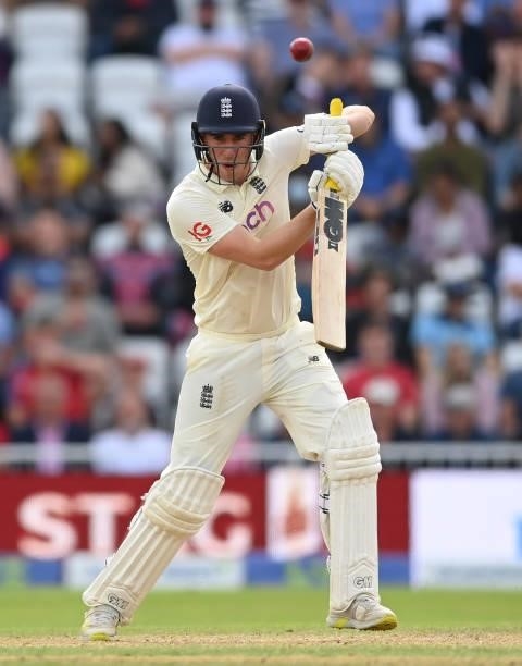 Dan Lawrence of England bats during the fourth day of the 1st LV= Test match between England and India at Trent Bridge on August 07, 2021 in...