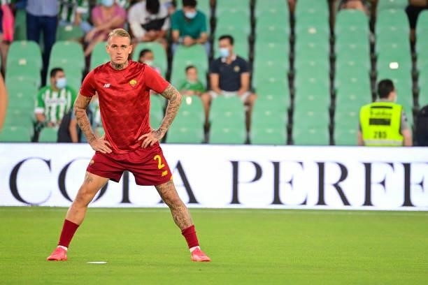 Rick Karsdorp of AS Roma warms up before the Unbeatables Cup at Estadio Benito Villamarin on August 07, 2021 in Seville, Spain.