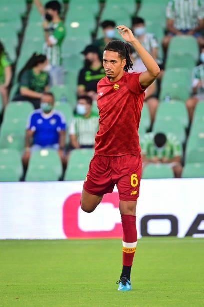 Chris Smalling of AS Roma warms up before the Unbeatables Cup at Estadio Benito Villamarin on August 07, 2021 in Seville, Spain.