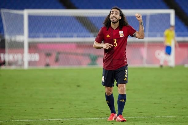 Marc Cucurella of Team Spain reacts during the Men's Gold Medal Match between Team Brazil and Team Spain on day fifteen of the Tokyo 2020 Olympic...