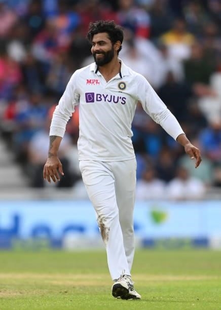 Ravindra Jadeja of India looks on during the fourth day of the 1st LV= Test match between England and India at Trent Bridge on August 07, 2021 in...