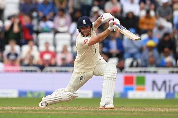 Jonny Bairstow of England hits out during the fourth day of the 1st LV= Test match between England and India at Trent Bridge on August 07, 2021 in...