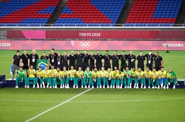 Team of Brazil attend the award ceremony of the Men's Gold Medal Match between Brazil and Spain on day fifteen of the Tokyo 2020 Olympic Games at...