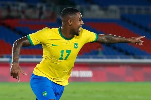 Malcom of Brazil celebrates his goal during the Men's Gold Medal Match between Brazil and Spain on day fifteen of the Tokyo 2020 Olympic Games at...